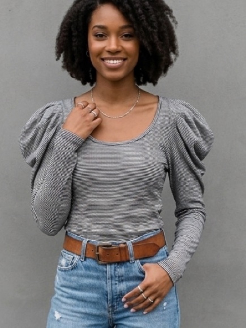 Free People Penelope Striped Puff Shoulder Long Sleeve Top - Size S French girl